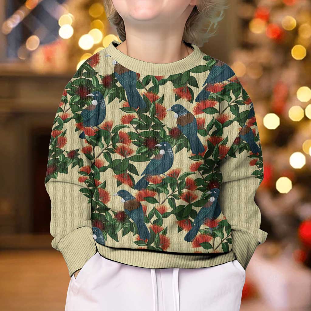 New Zealand Christmas Kid Ugly Christmas Sweater Romantic Tui Birds on Pohutukawa - Ivory - Aussie Hoodie