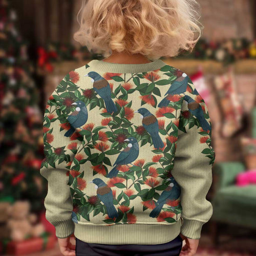 New Zealand Christmas Kid Ugly Christmas Sweater Romantic Tui Birds on Pohutukawa - Ivory - Aussie Hoodie