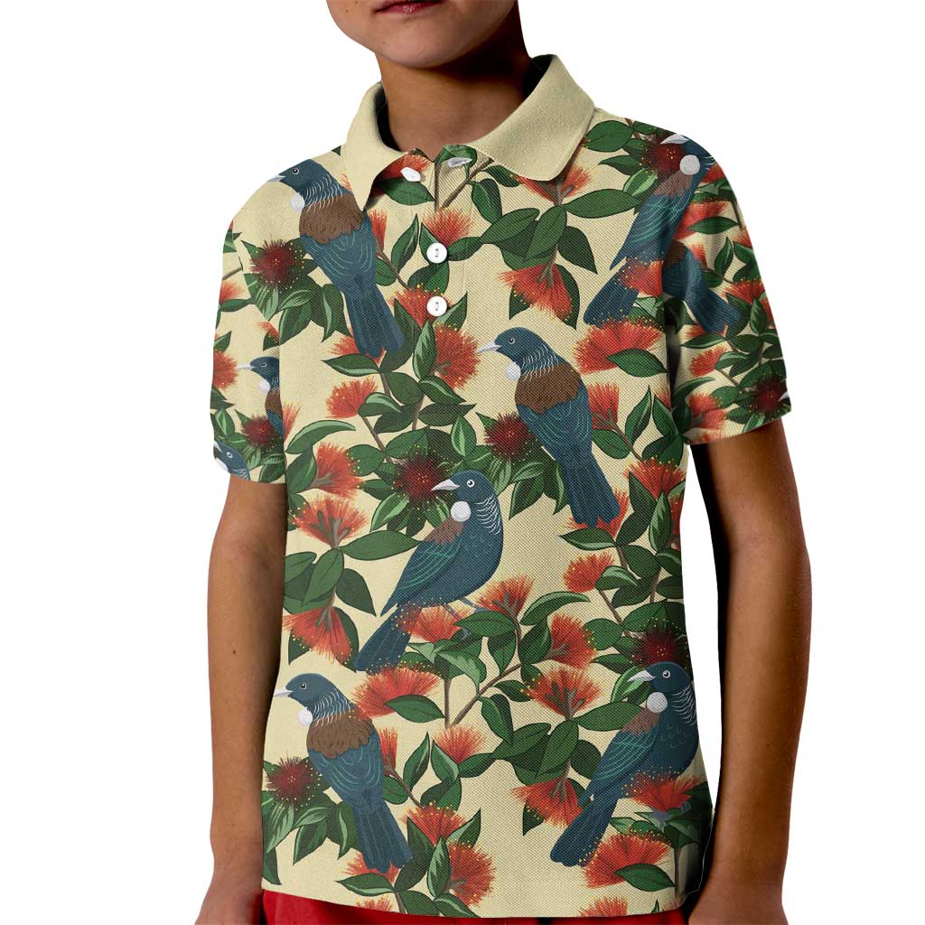 New Zealand Christmas Kid Polo Shirt Romantic Tui Birds on Pohutukawa - Ivory - Aussie Hoodie