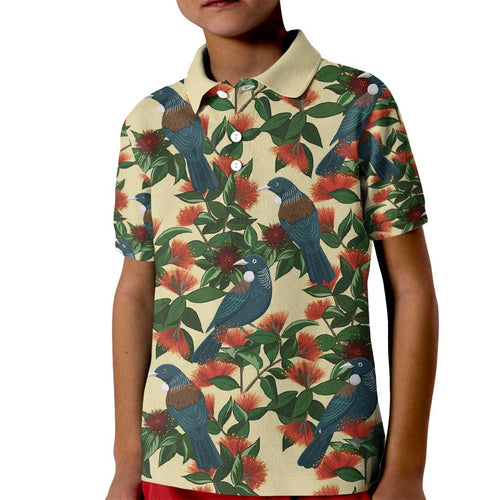 New Zealand Christmas Kid Polo Shirt Romantic Tui Birds on Pohutukawa - Ivory - Aussie Hoodie