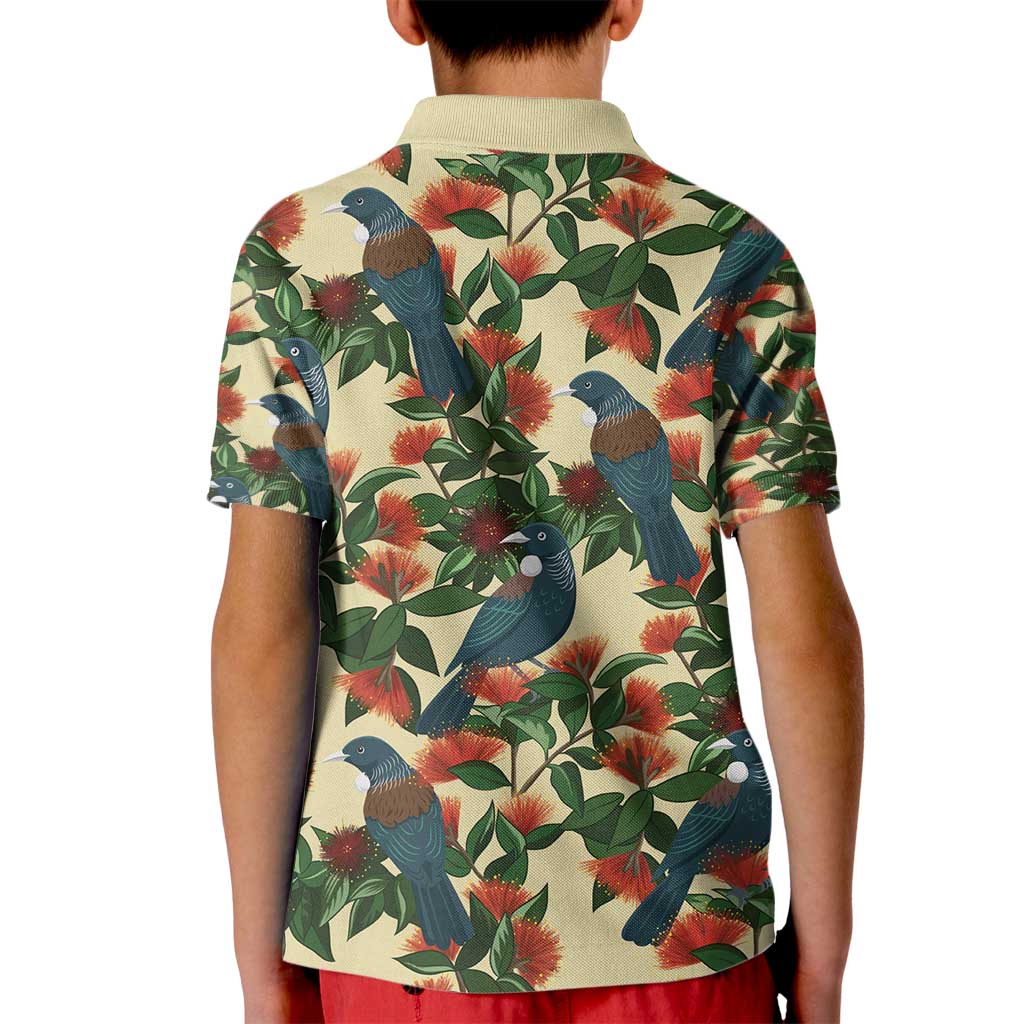 New Zealand Christmas Kid Polo Shirt Romantic Tui Birds on Pohutukawa - Ivory - Aussie Hoodie