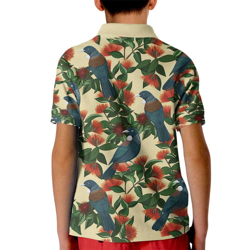 New Zealand Christmas Kid Polo Shirt Romantic Tui Birds on Pohutukawa - Ivory - Aussie Hoodie