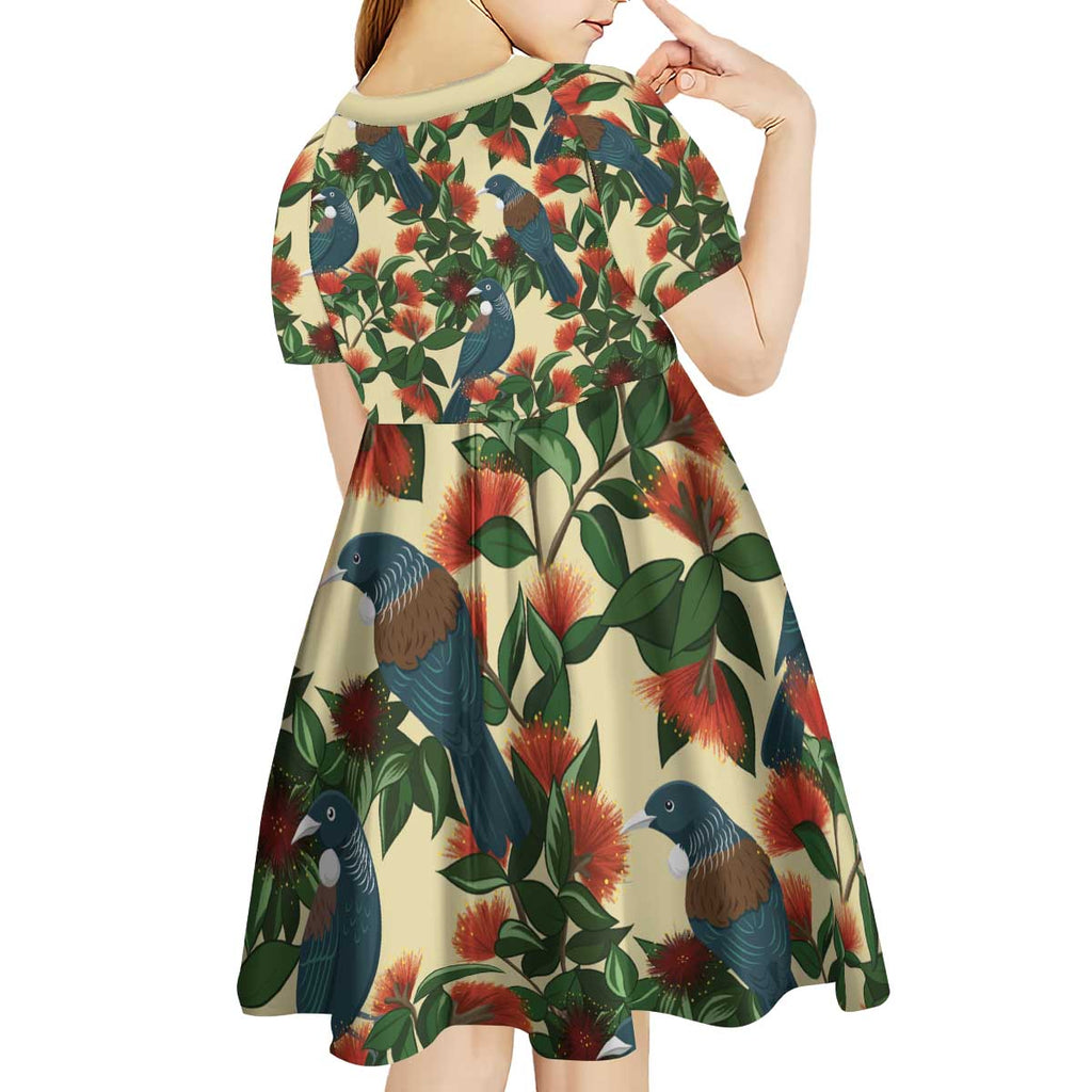 New Zealand Christmas Kid Short Sleeve Dress Romantic Tui Birds on Pohutukawa - Ivory - Aussie Hoodie