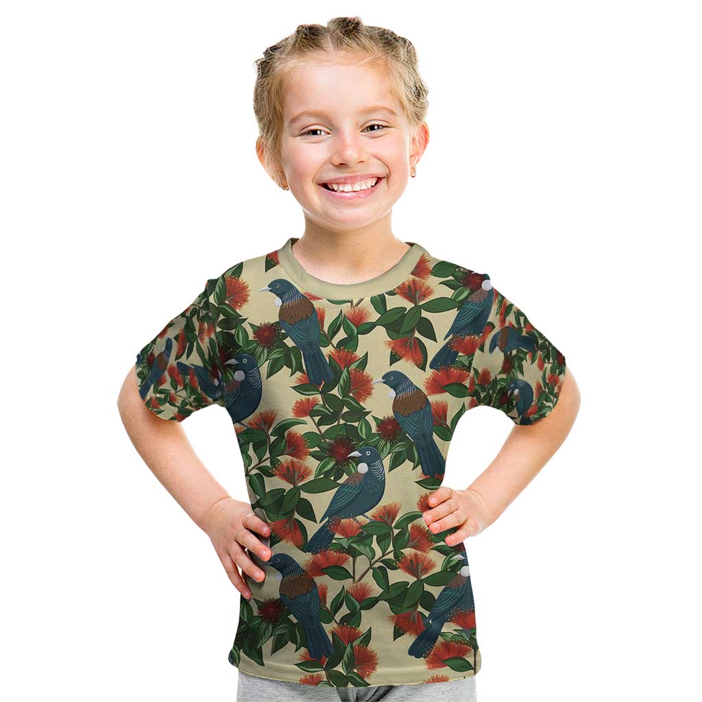 New Zealand Christmas Kid T Shirt Romantic Tui Birds on Pohutukawa - Ivory - Aussie Hoodie