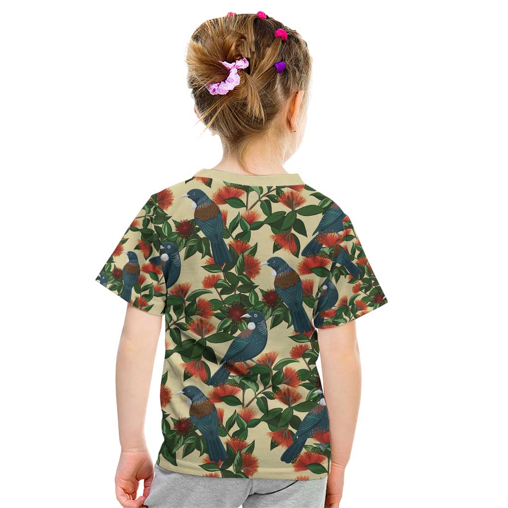 New Zealand Christmas Kid T Shirt Romantic Tui Birds on Pohutukawa - Ivory - Aussie Hoodie