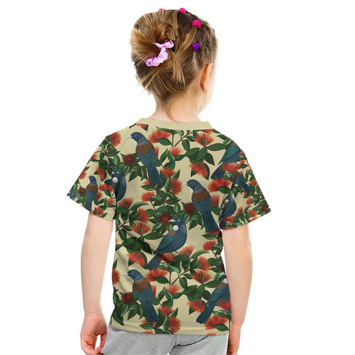 New Zealand Christmas Kid T Shirt Romantic Tui Birds on Pohutukawa - Ivory - Aussie Hoodie