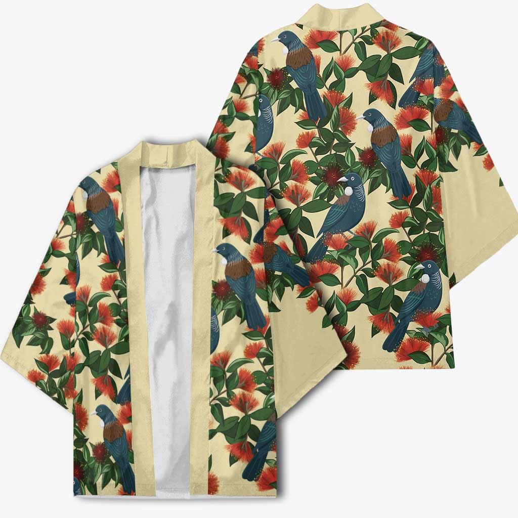 New Zealand Christmas Kimono Romantic Tui Birds on Pohutukawa - Ivory - Aussie Hoodie