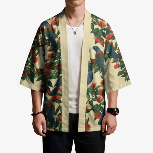 New Zealand Christmas Kimono Romantic Tui Birds on Pohutukawa - Ivory - Aussie Hoodie