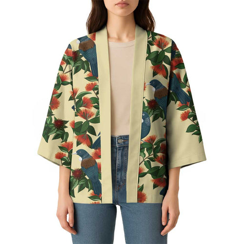 New Zealand Christmas Kimono Romantic Tui Birds on Pohutukawa - Ivory - Aussie Hoodie