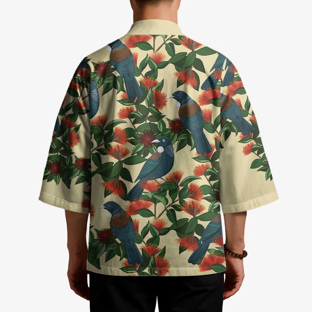 New Zealand Christmas Kimono Romantic Tui Birds on Pohutukawa - Ivory - Aussie Hoodie