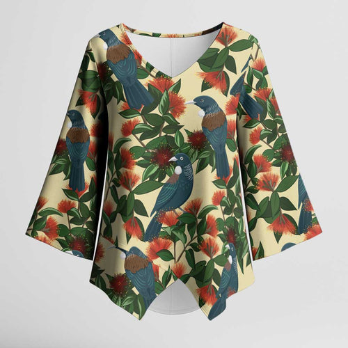 New Zealand Christmas Kimono Sleeve Blouse Romantic Tui Birds on Pohutukawa - Ivory - Aussie Hoodie