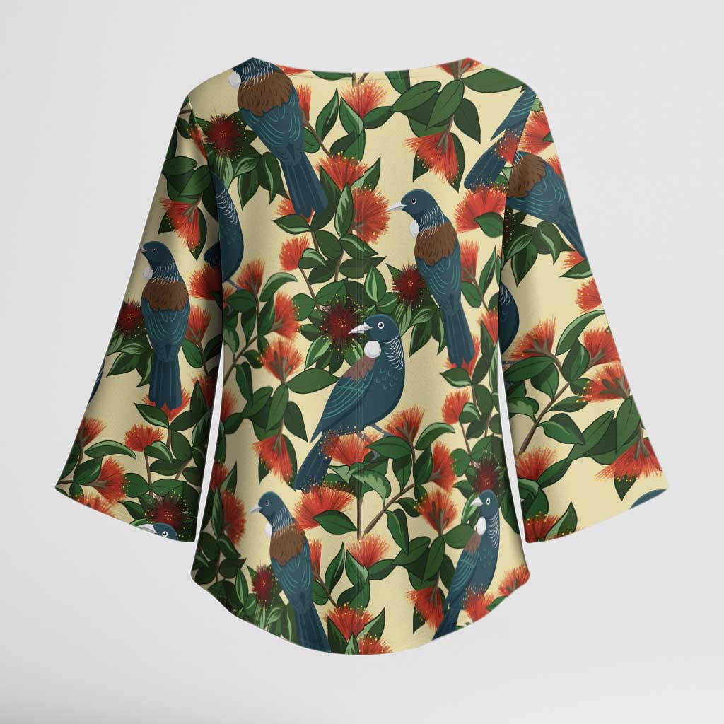 New Zealand Christmas Kimono Sleeve Blouse Romantic Tui Birds on Pohutukawa - Ivory - Aussie Hoodie