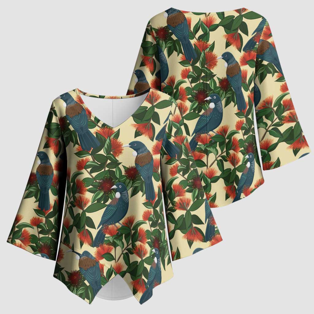New Zealand Christmas Kimono Sleeve Blouse Romantic Tui Birds on Pohutukawa - Ivory - Aussie Hoodie