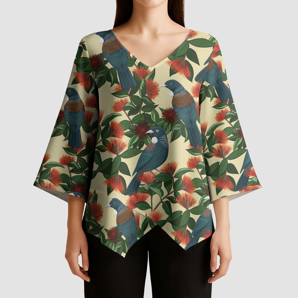New Zealand Christmas Kimono Sleeve Blouse Romantic Tui Birds on Pohutukawa - Ivory - Aussie Hoodie