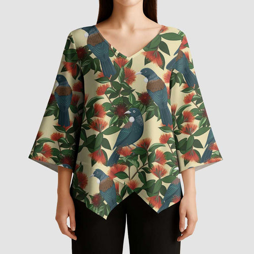 New Zealand Christmas Kimono Sleeve Blouse Romantic Tui Birds on Pohutukawa - Ivory - Aussie Hoodie