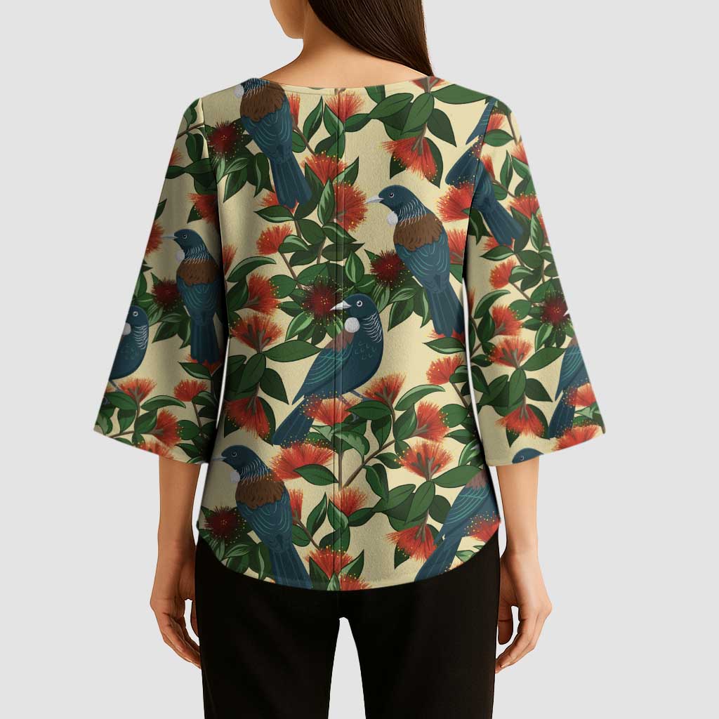 New Zealand Christmas Kimono Sleeve Blouse Romantic Tui Birds on Pohutukawa - Ivory - Aussie Hoodie