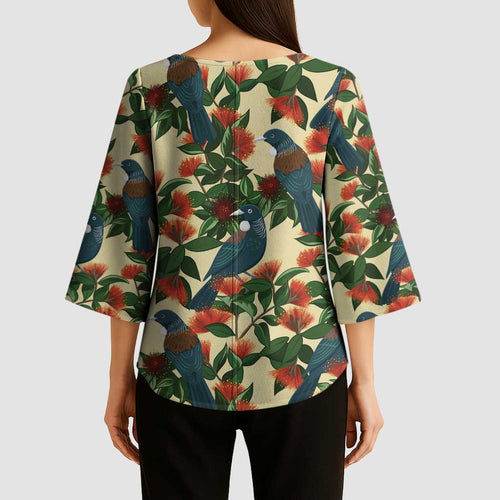 New Zealand Christmas Kimono Sleeve Blouse Romantic Tui Birds on Pohutukawa - Ivory - Aussie Hoodie