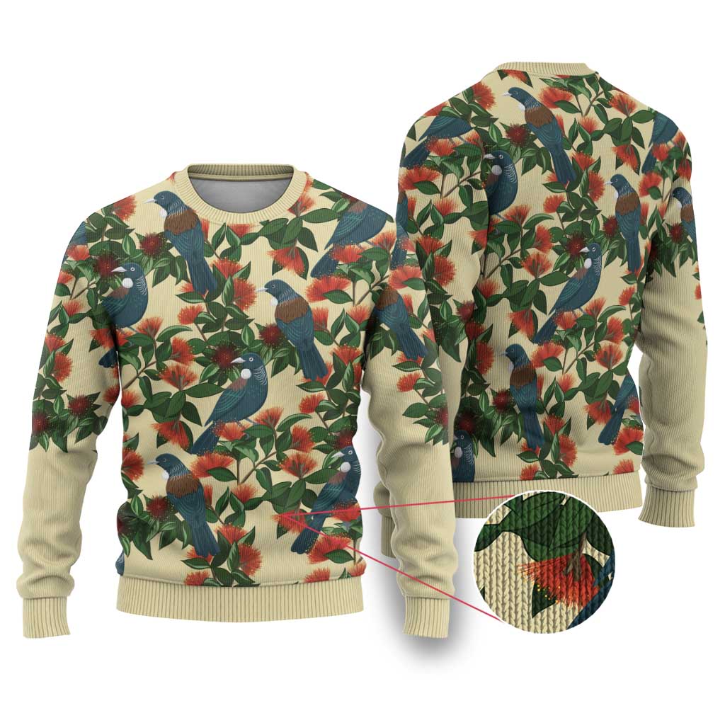New Zealand Christmas Ugly Christmas Sweater Romantic Tui Birds on Pohutukawa - Ivory - Aussie Hoodie