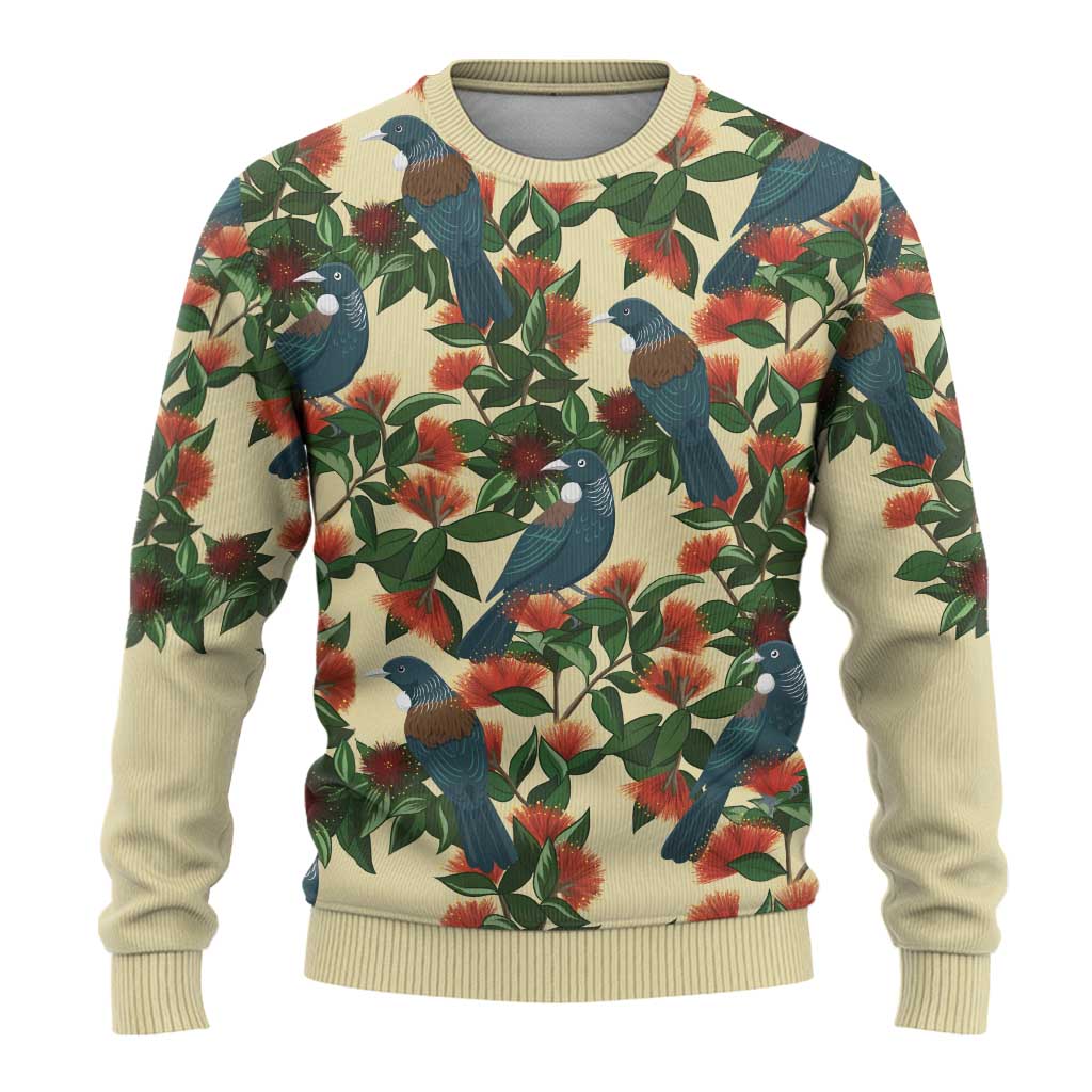 New Zealand Christmas Ugly Christmas Sweater Romantic Tui Birds on Pohutukawa - Ivory - Aussie Hoodie