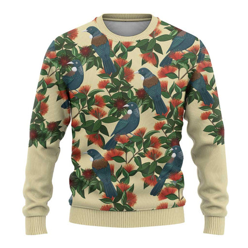 New Zealand Christmas Ugly Christmas Sweater Romantic Tui Birds on Pohutukawa - Ivory - Aussie Hoodie