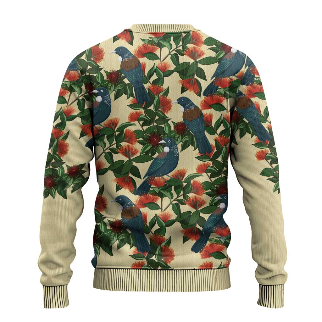 New Zealand Christmas Ugly Christmas Sweater Romantic Tui Birds on Pohutukawa - Ivory - Aussie Hoodie