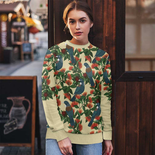 New Zealand Christmas Ugly Christmas Sweater Romantic Tui Birds on Pohutukawa - Ivory - Aussie Hoodie