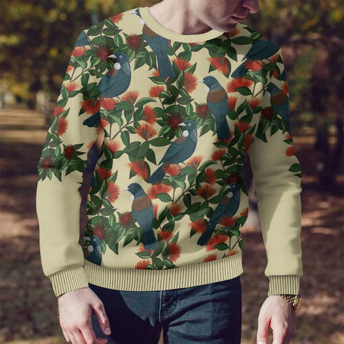 New Zealand Christmas Ugly Christmas Sweater Romantic Tui Birds on Pohutukawa - Ivory - Aussie Hoodie