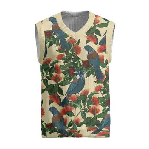 New Zealand Christmas Knitted V-Neck Vest Romantic Tui Birds on Pohutukawa - Ivory - Aussie Hoodie
