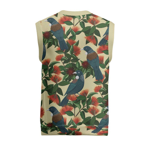 New Zealand Christmas Knitted V-Neck Vest Romantic Tui Birds on Pohutukawa - Ivory - Aussie Hoodie