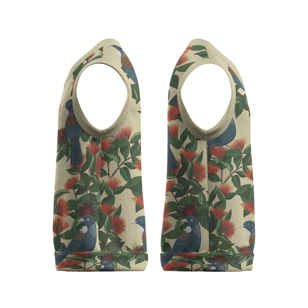 New Zealand Christmas Knitted V-Neck Vest Romantic Tui Birds on Pohutukawa - Ivory - Aussie Hoodie