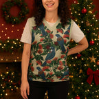 New Zealand Christmas Knitted V-Neck Vest Romantic Tui Birds on Pohutukawa - Ivory - Aussie Hoodie