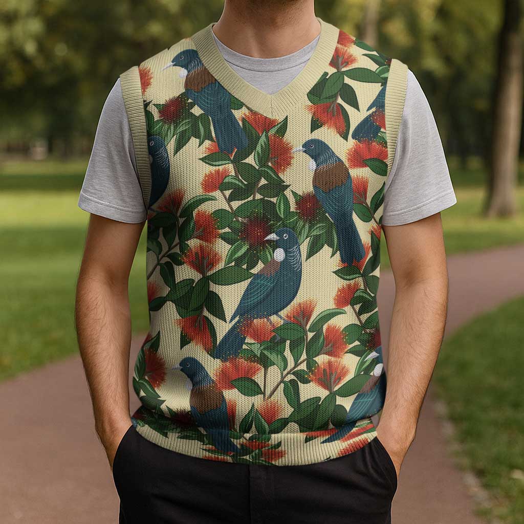 New Zealand Christmas Knitted V-Neck Vest Romantic Tui Birds on Pohutukawa - Ivory - Aussie Hoodie