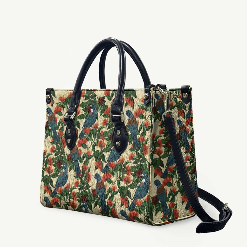New Zealand Christmas Leather Bag Romantic Tui Birds on Pohutukawa - Ivory - Aussie Hoodie