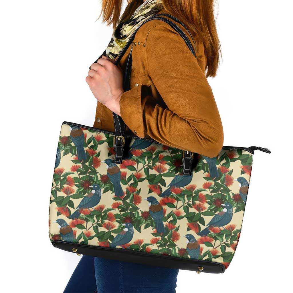 New Zealand Christmas Leather Tote Bag Romantic Tui Birds on Pohutukawa - Ivory - Aussie Hoodie