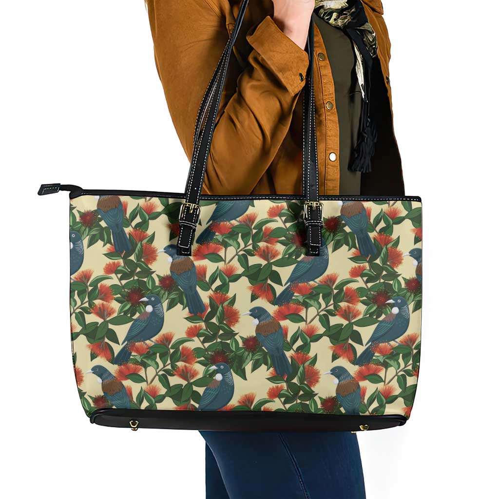 New Zealand Christmas Leather Tote Bag Romantic Tui Birds on Pohutukawa - Ivory - Aussie Hoodie