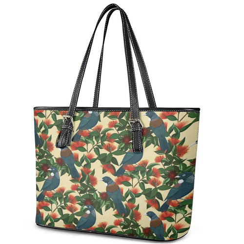 New Zealand Christmas Leather Tote Bag Romantic Tui Birds on Pohutukawa - Ivory - Aussie Hoodie