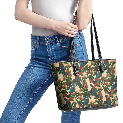 New Zealand Christmas Leather Tote Bag Romantic Tui Birds on Pohutukawa - Ivory - Aussie Hoodie
