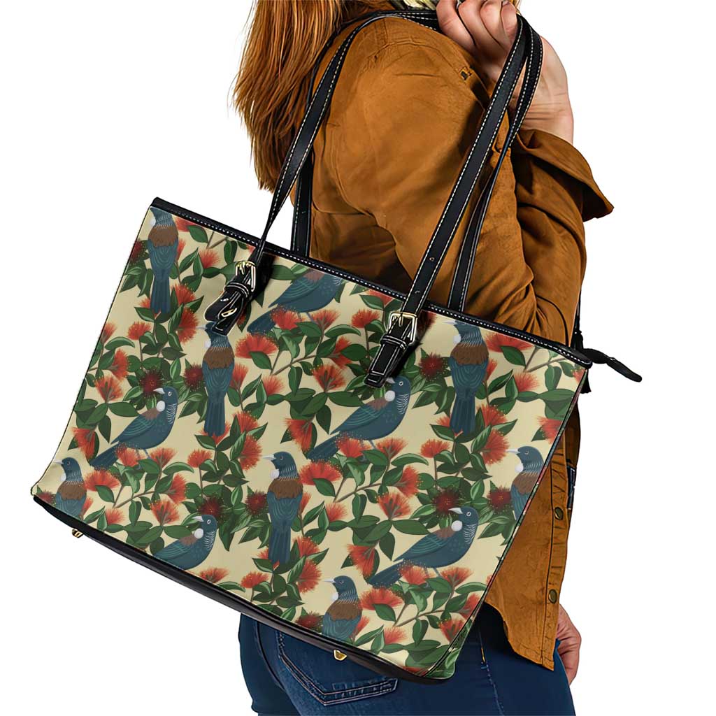 New Zealand Christmas Leather Tote Bag Romantic Tui Birds on Pohutukawa - Ivory - Aussie Hoodie