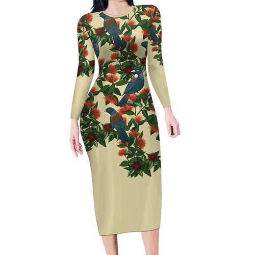 New Zealand Christmas Long Sleeve Bodycon Dress Romantic Tui Birds on Pohutukawa - Ivory - Aussie Hoodie