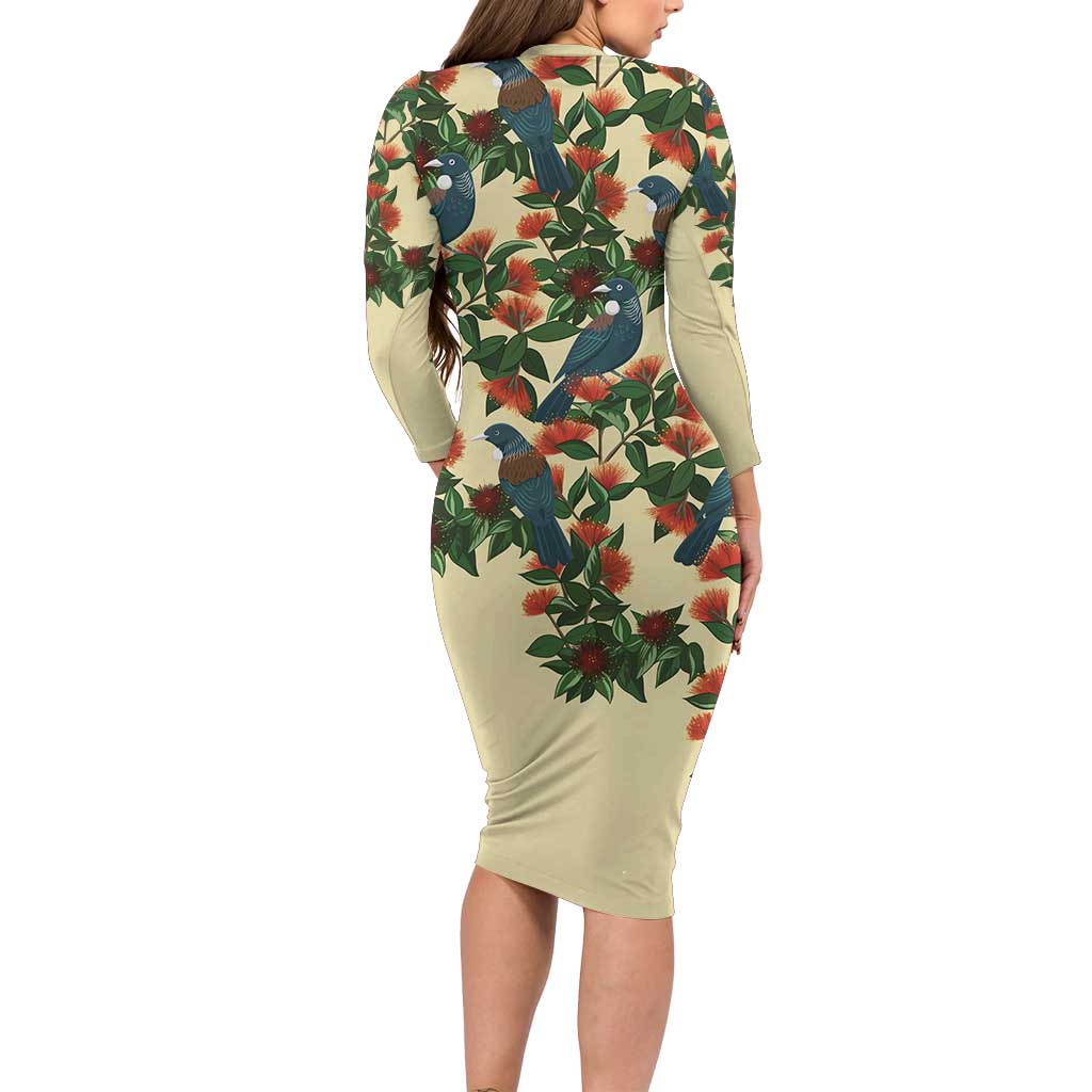 New Zealand Christmas Long Sleeve Bodycon Dress Romantic Tui Birds on Pohutukawa - Ivory - Aussie Hoodie