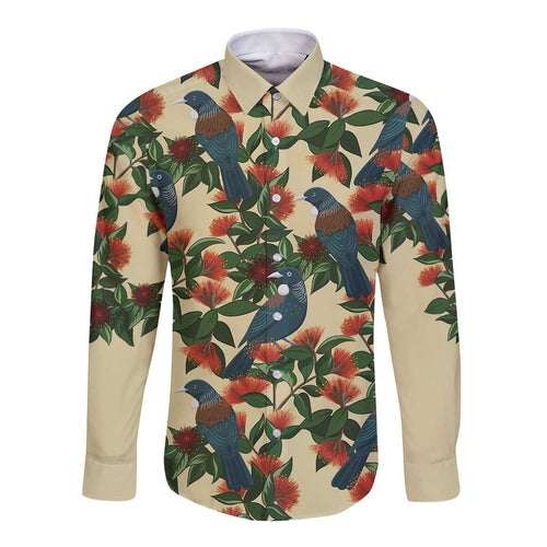 New Zealand Christmas Long Sleeve Button Shirt Romantic Tui Birds on Pohutukawa - Ivory - Aussie Hoodie