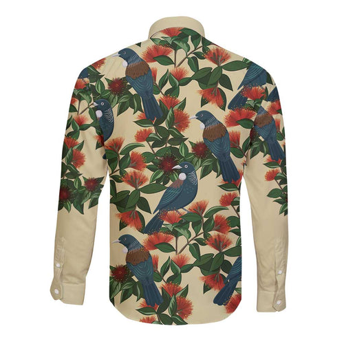 New Zealand Christmas Long Sleeve Button Shirt Romantic Tui Birds on Pohutukawa - Ivory - Aussie Hoodie
