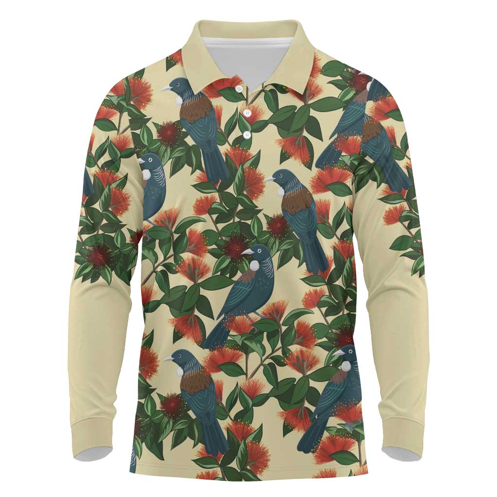 New Zealand Christmas Long Sleeve Polo Shirt Romantic Tui Birds on Pohutukawa - Ivory - Aussie Hoodie