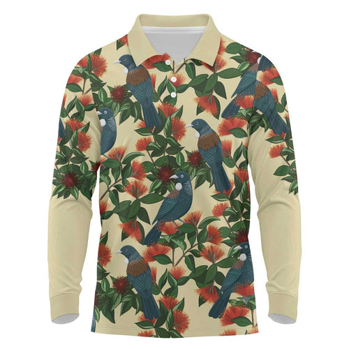 New Zealand Christmas Long Sleeve Polo Shirt Romantic Tui Birds on Pohutukawa - Ivory - Aussie Hoodie