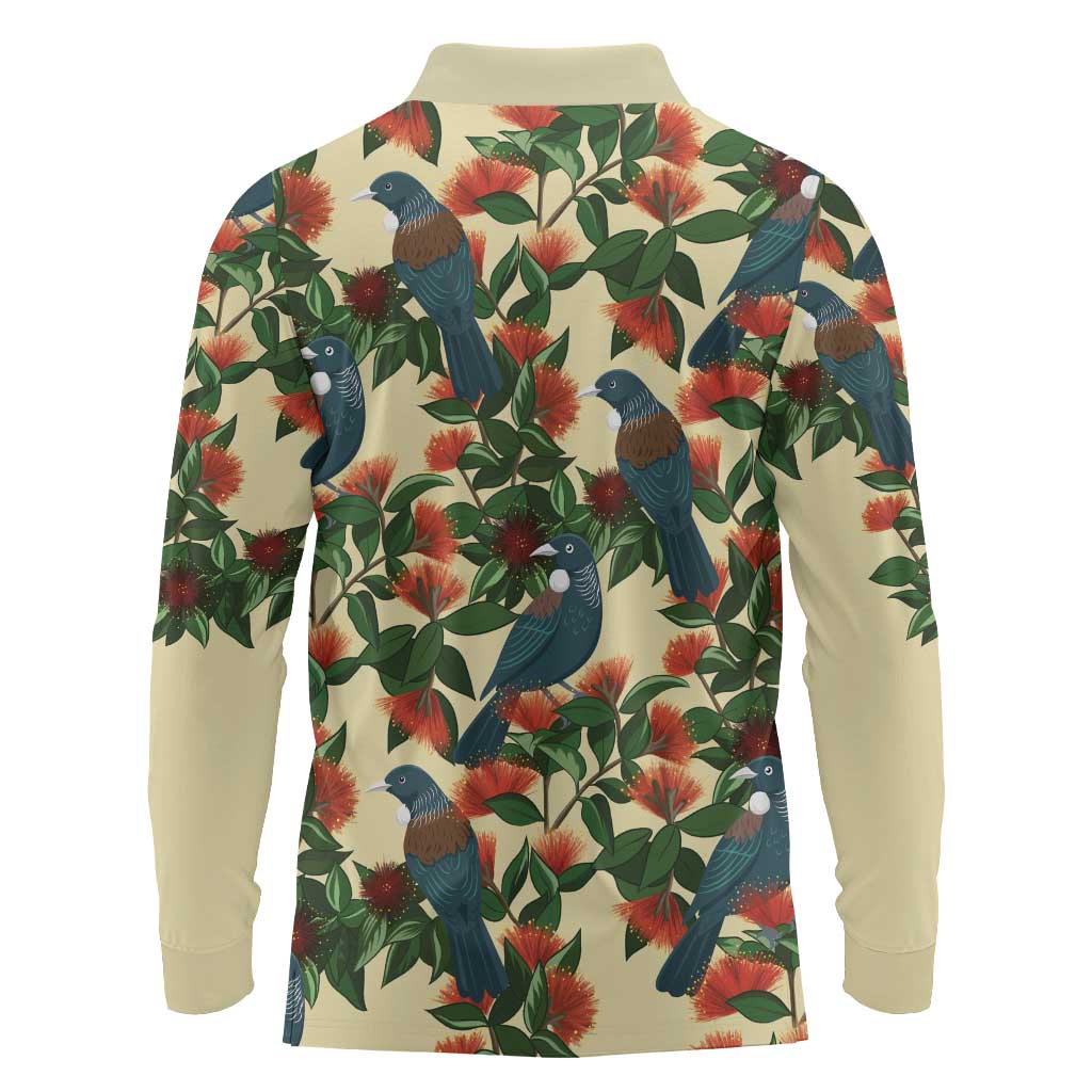 New Zealand Christmas Long Sleeve Polo Shirt Romantic Tui Birds on Pohutukawa - Ivory - Aussie Hoodie