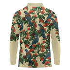 New Zealand Christmas Long Sleeve Polo Shirt Romantic Tui Birds on Pohutukawa - Ivory - Aussie Hoodie