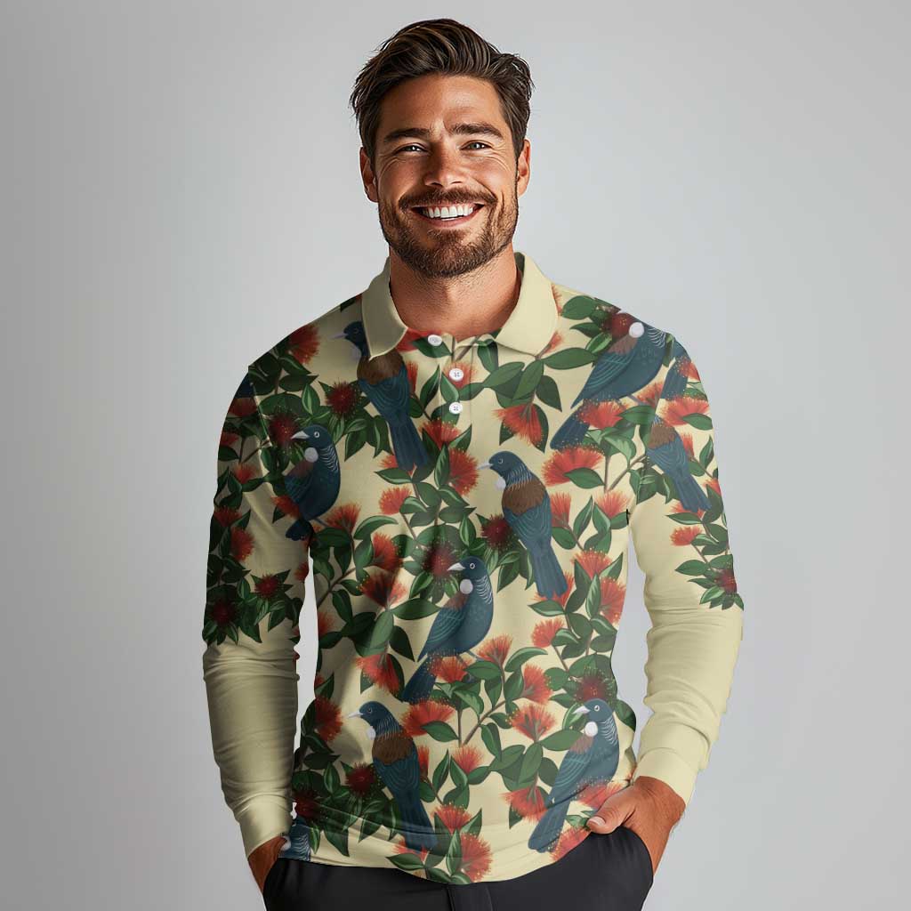 New Zealand Christmas Long Sleeve Polo Shirt Romantic Tui Birds on Pohutukawa - Ivory - Aussie Hoodie
