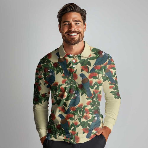 New Zealand Christmas Long Sleeve Polo Shirt Romantic Tui Birds on Pohutukawa - Ivory - Aussie Hoodie