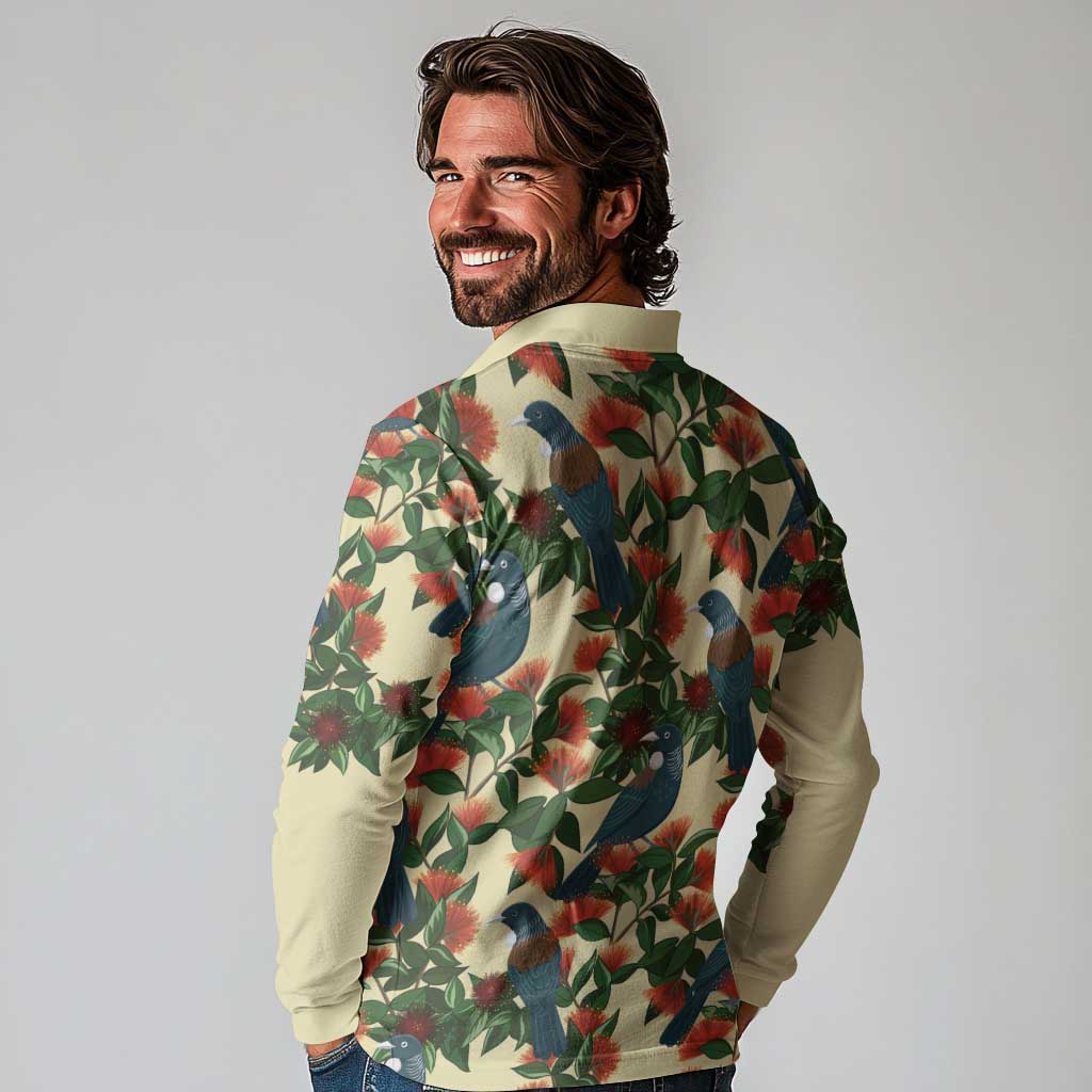 New Zealand Christmas Long Sleeve Polo Shirt Romantic Tui Birds on Pohutukawa - Ivory - Aussie Hoodie