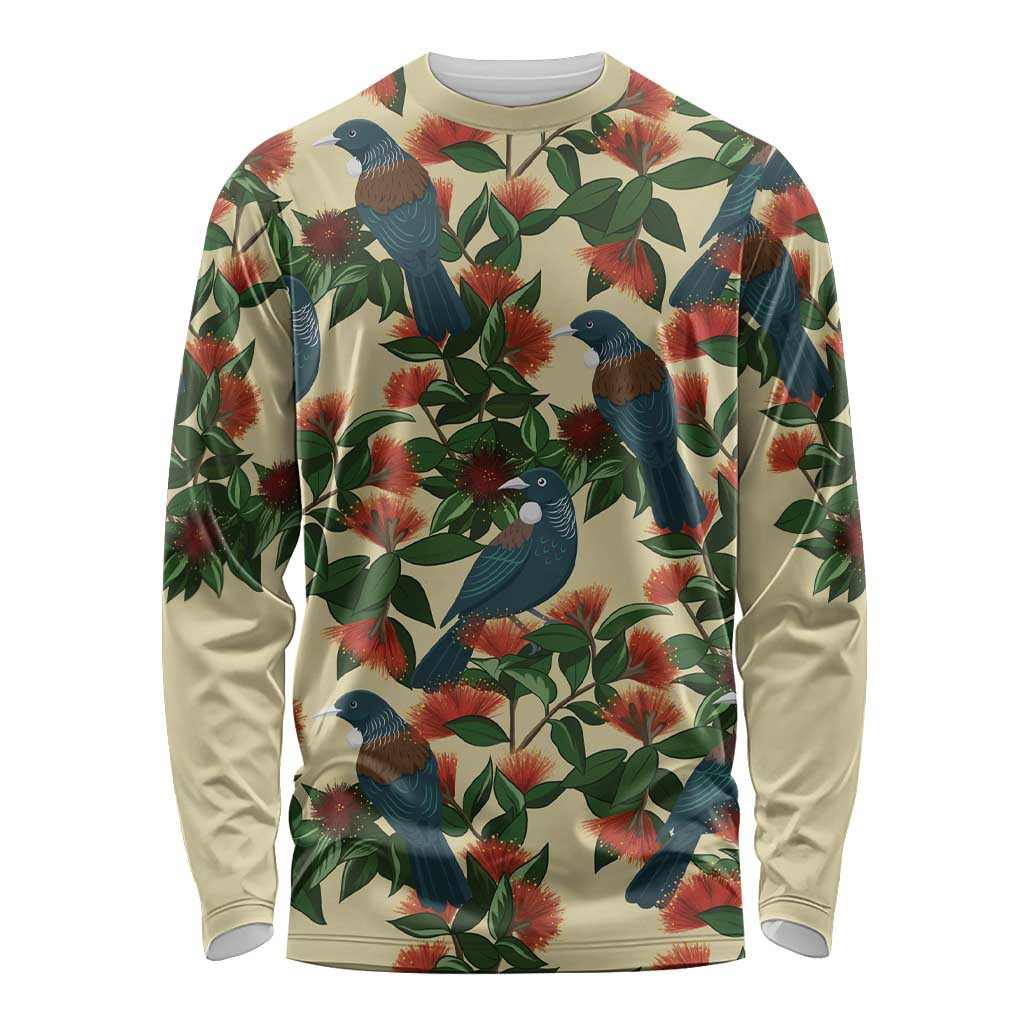 New Zealand Christmas Long Sleeve Shirt Romantic Tui Birds on Pohutukawa - Ivory - Aussie Hoodie